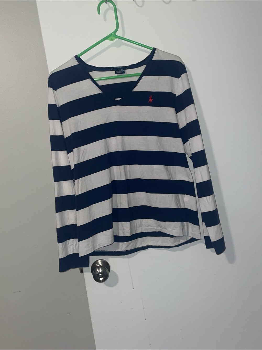 Ralph Lauren Navy & White Striped V-Neck Long Sleeve Top size XL